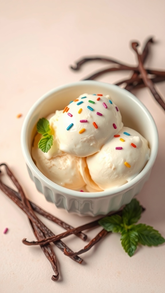 A bowl of vanilla ice cream garnished with sprinkles and mint leaves on a pastel background.